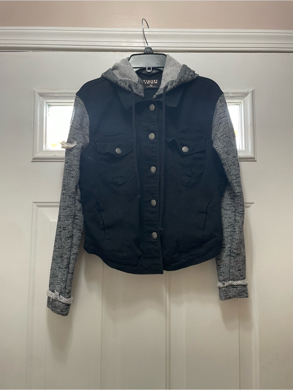 Tinseltown Black Body with Gray Hooded Knit Sleeves Jean Jacket
